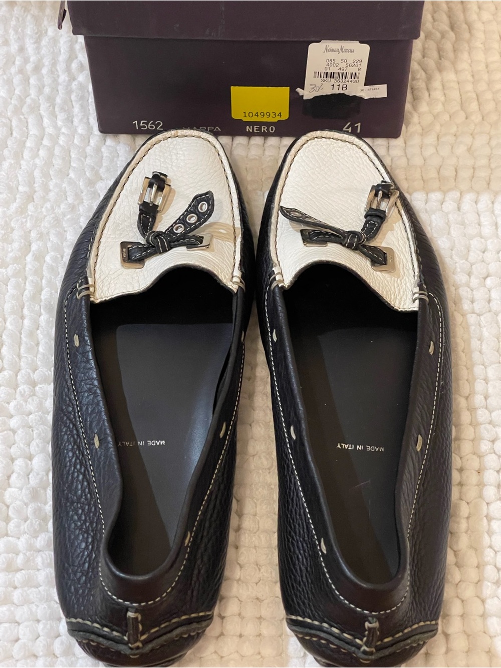 Prada Black and White Leather Bow-Accent Loafers - Picture 2 of 7